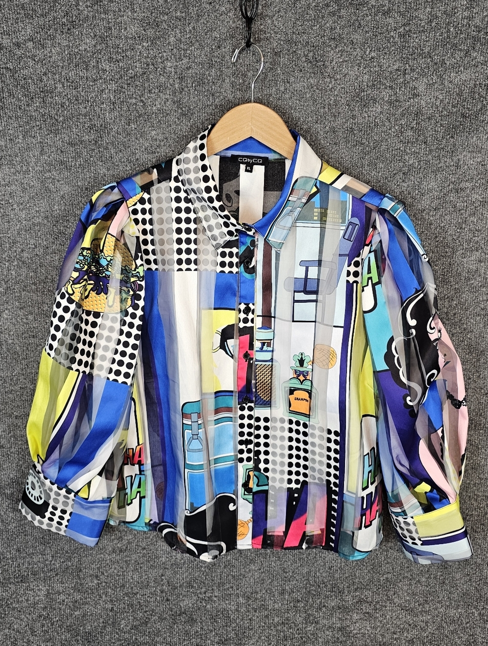 CQ by CQ Pop Art Comic Print Sheer Puff Sleeve Blouse - Size XL